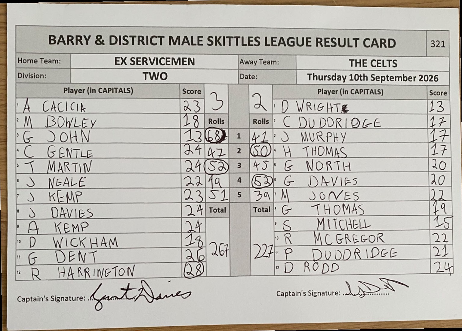 Original result card